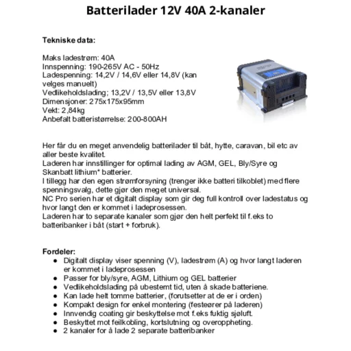 SMART BATTERY CHARGER 7-stegs Elektronisk Batterilader 12V 40A - 2 Kanaler