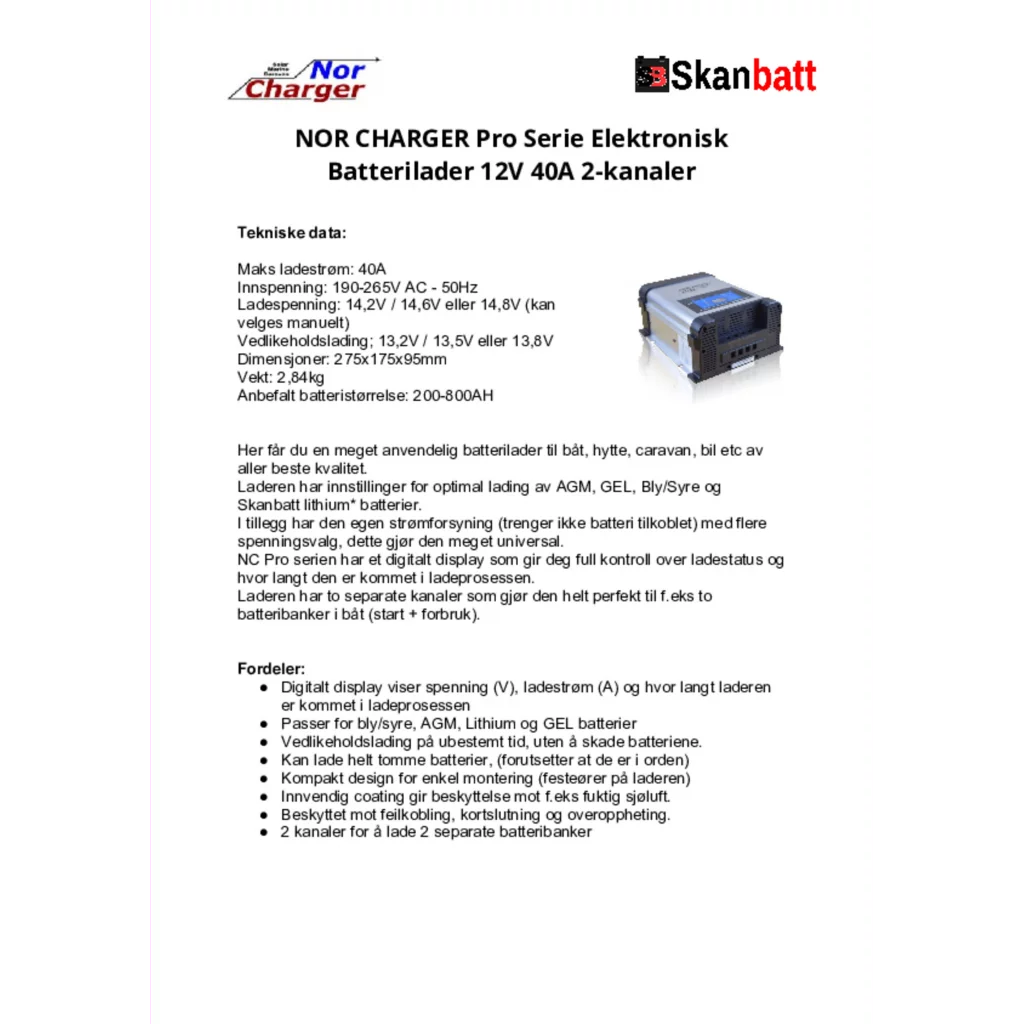 SMART BATTERY CHARGER 7-stegs Elektronisk Batterilader 12V 40A - 2 Kanaler