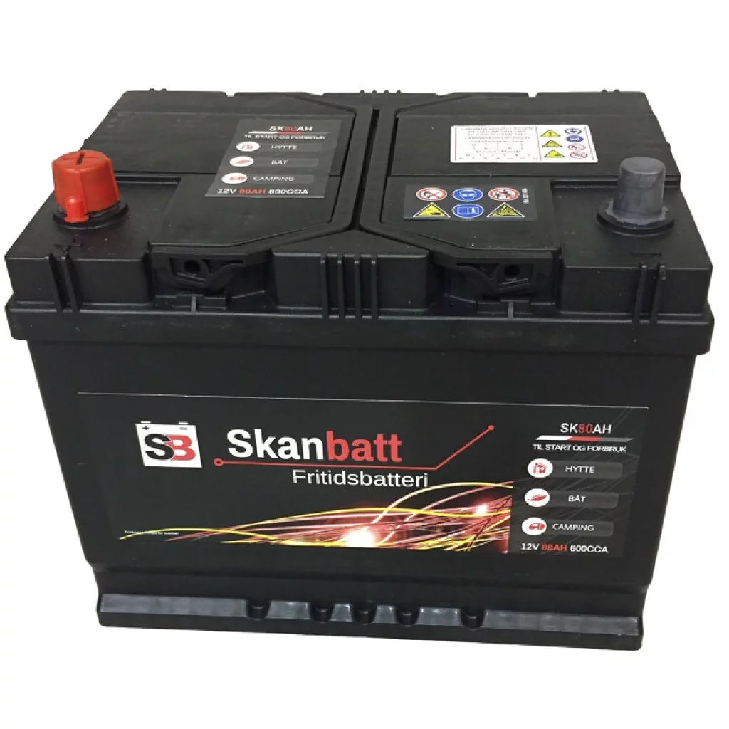 SKANBATT Fritidsbatteri 12V 80AH 600CCA (256x174x205/225mm) +venstre